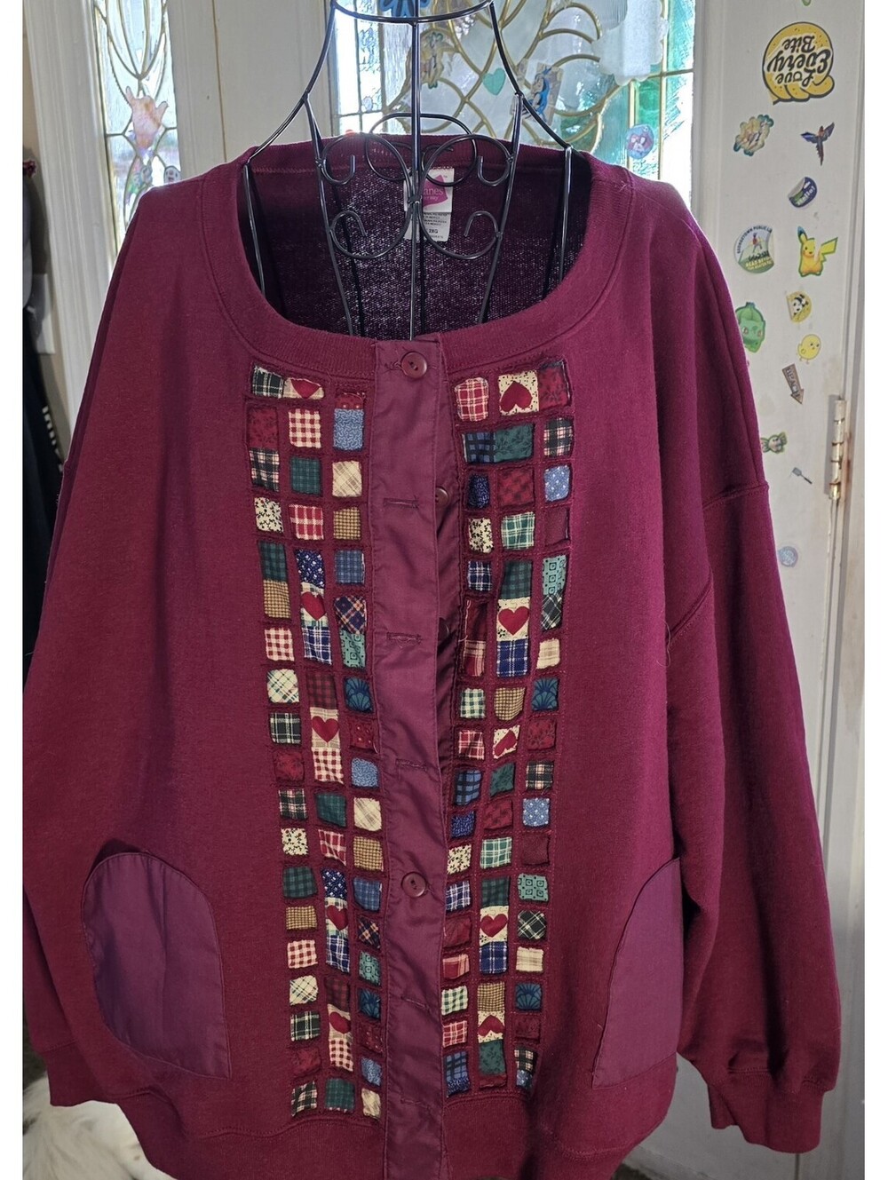 Womens 2X Burgendy Patchwork Quilted Button Up Cardigan Sweatshirt Cottagecore